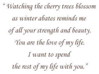 Watching the cherry trees blossom 
          as winter abates reminds me 
          of all your strength and beauty.
          You are the love of my life.
          I want to spend 
          the rest of my life with you.